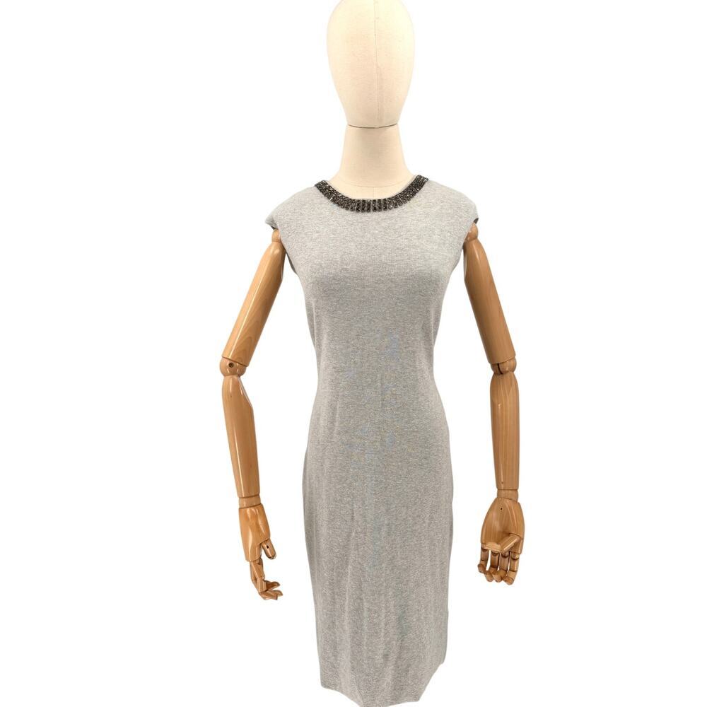 Lauren Ralph Lauren Grey Minimalist Glam Beaded Neckline Knit Sheath Dress